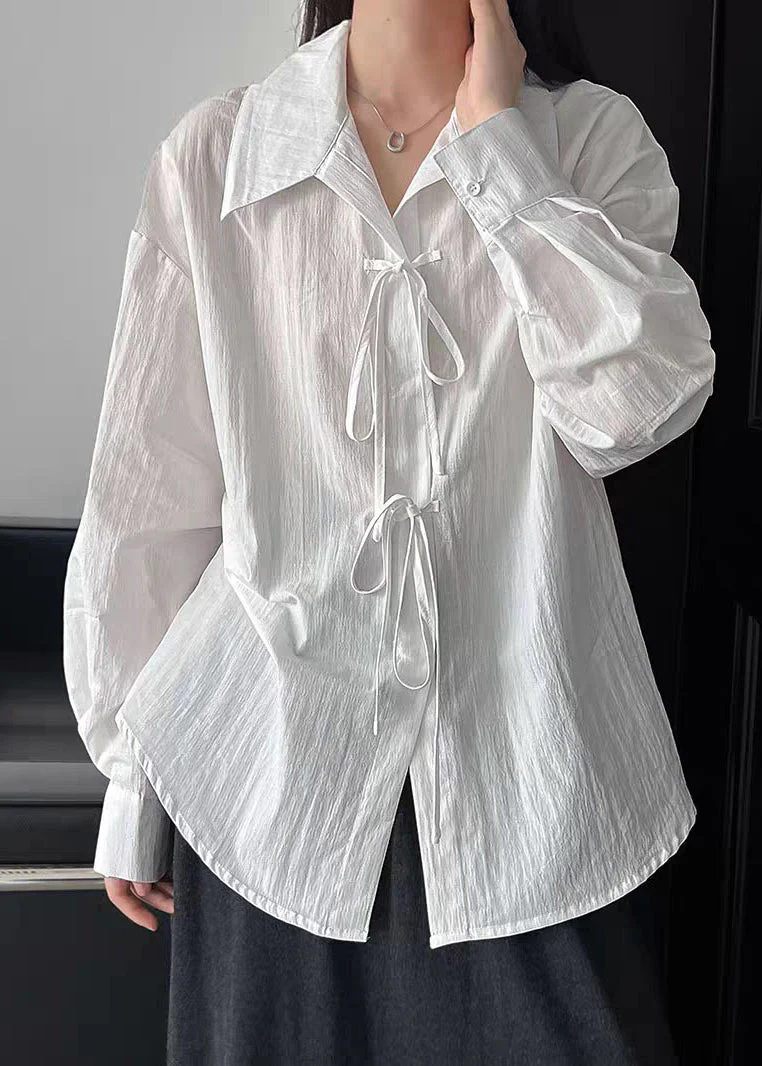 Brief White Tie Lace Solid Shirt Lantern Sleeve - Image 2