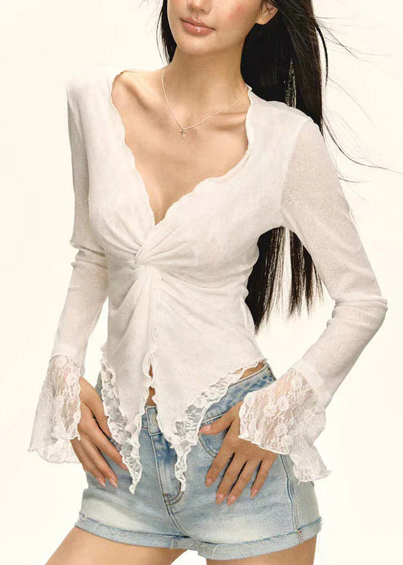 Brief White V Neck Asymmetrical Lace Patchwork Tops Flare Sleeve - Image 4