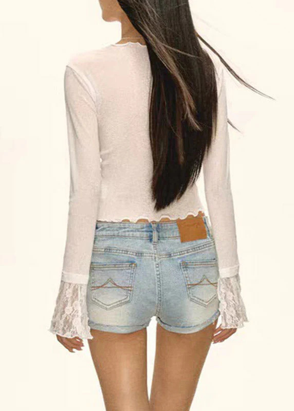 Brief White V Neck Asymmetrical Lace Patchwork Tops Flare Sleeve - Image 5