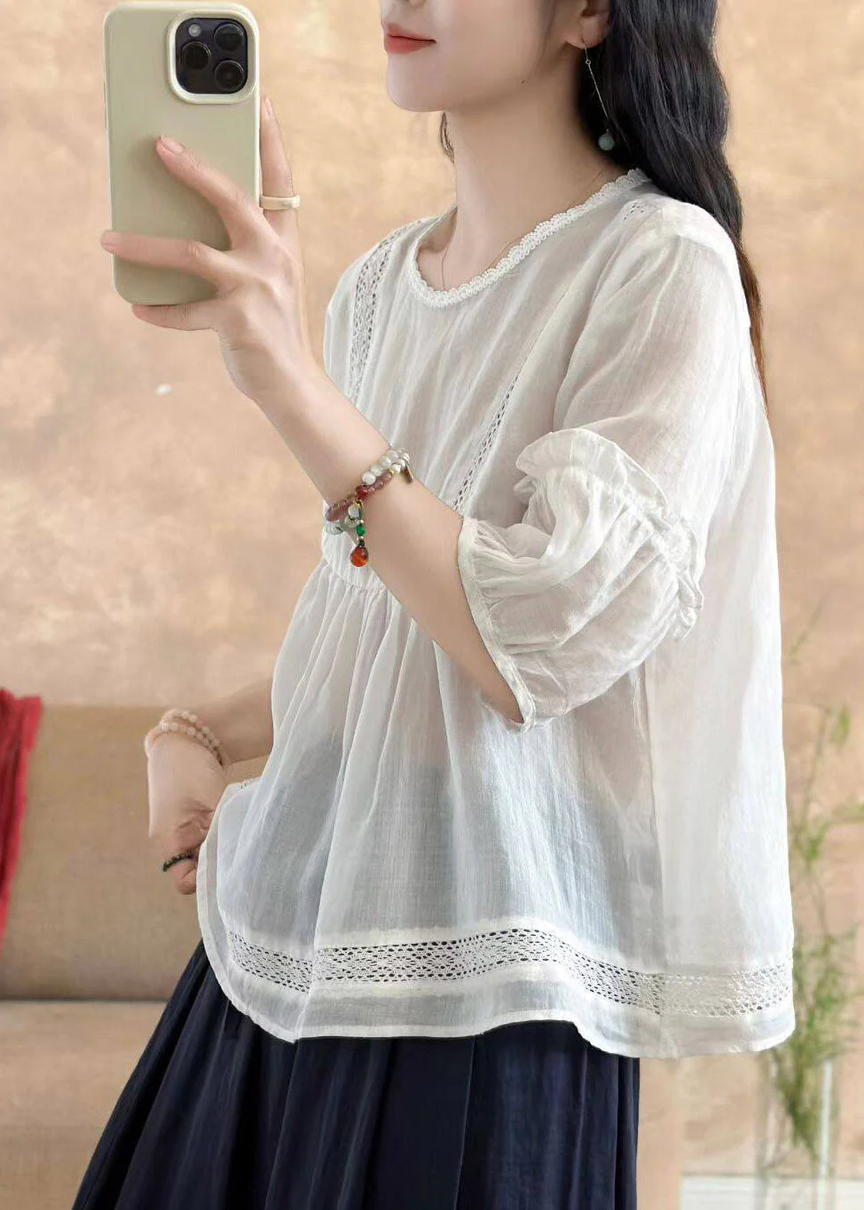 Brief Yellow O-Neck Wrinkled Solid Linen Top Half Sleeve - Image 5