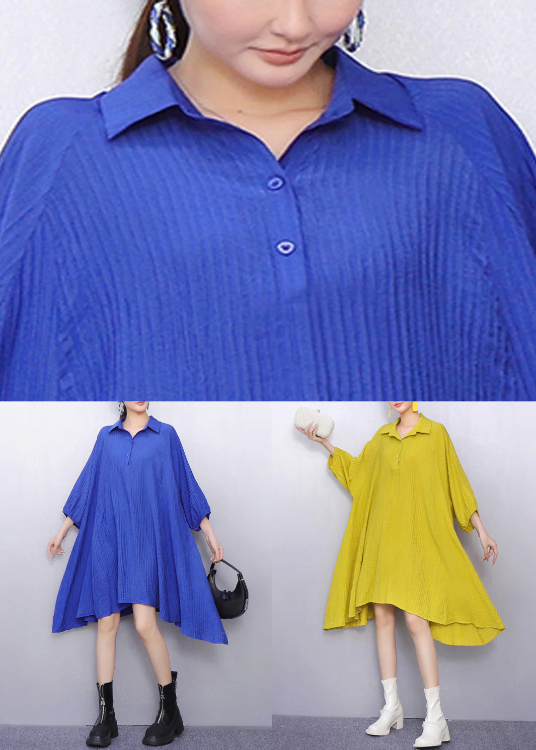 Bright Yellow Button Cotton Shirt Dresses Peter Pan Collar Bracelet Sleeve - Image 5