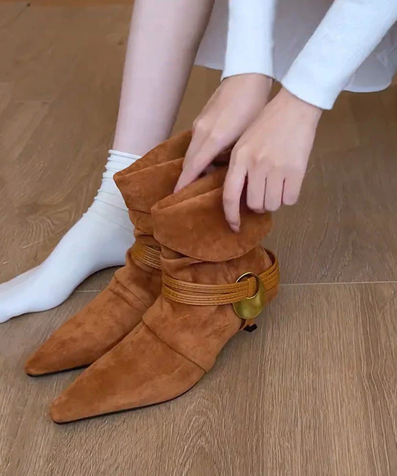 Brown Boots Suede Fashion Splicing Wrinkled Pointed Toe - Image 5