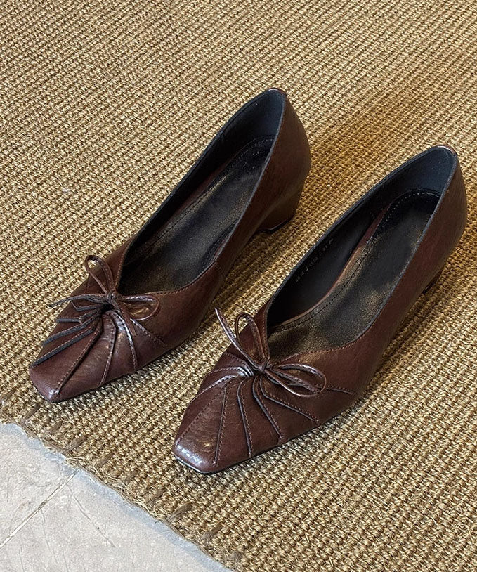 Brown Bow Splicing Sheepskin Chunky Shoes For Women - Image 5