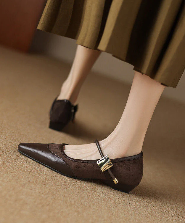 Brown Buckle Strap Splicing Faux Leather Pointed Toe Shoes - Image 3