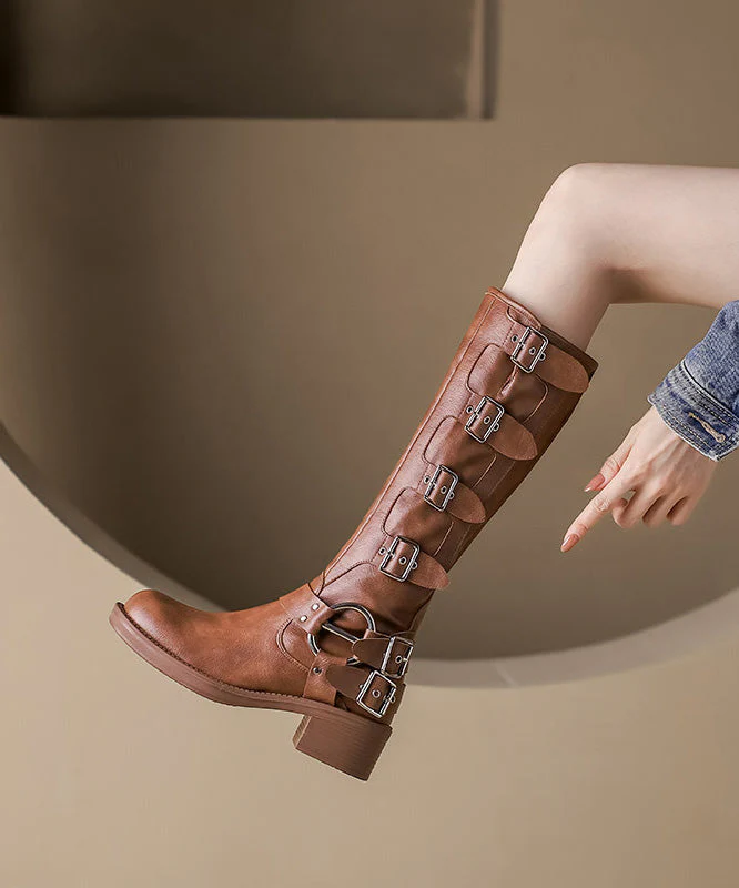 Brown Chunky Cowhide Leather Stylish Splicing Boots