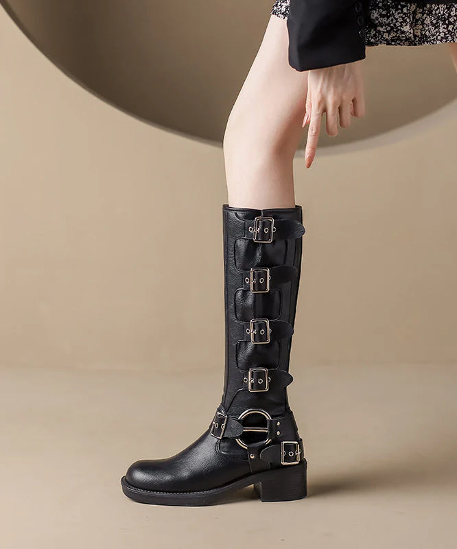 Brown Chunky Cowhide Leather Stylish Splicing Boots - Image 2