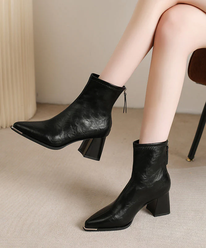 Brown Chunky Faux Leather Simple Splicing Boots Pointed Toe - Image 2