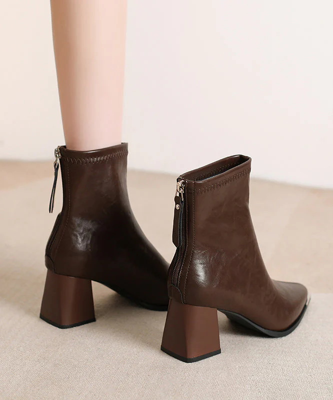 Brown Chunky Faux Leather Simple Splicing Boots Pointed Toe - Image 4
