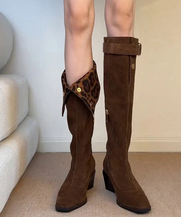 Brown Chunky Heel Suede Stylish Splicing Boots - Image 4