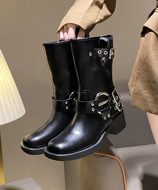 Brown Faux Leather Buckle Strap Splicing Chunky Boots - Image 2