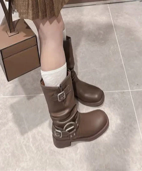 Brown Faux Leather Buckle Strap Splicing Chunky Boots - Image 5