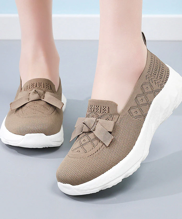 Brown Flat Shoes For Women Knit Fabric Comfy Flat Shoes - Image 2