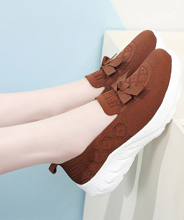 Brown Flat Shoes For Women Knit Fabric Comfy Flat Shoes - Image 4