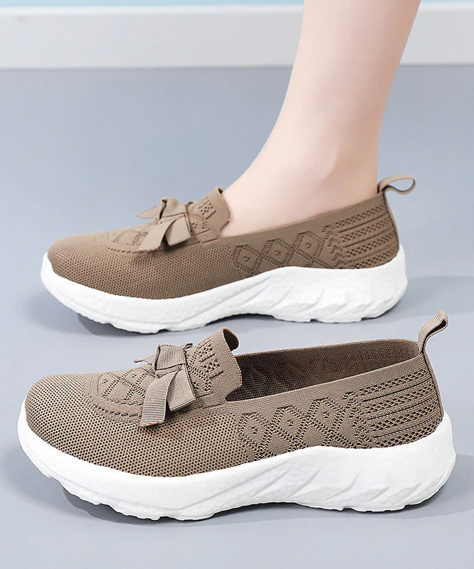 Brown Flat Shoes For Women Knit Fabric Comfy Flat Shoes - Image 5