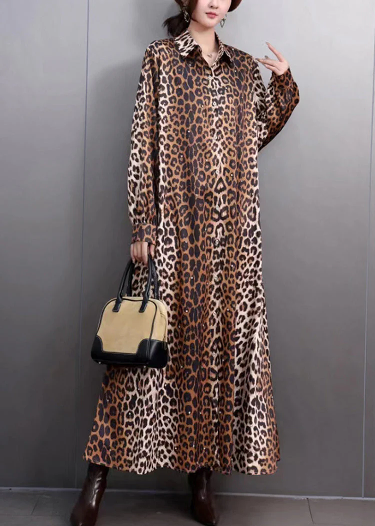 Brown Leopard Peter Pan Collar Long Dresses Peter Pan Collar Fall