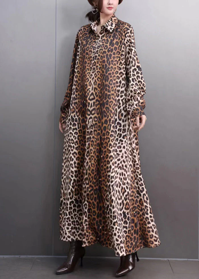 Brown Leopard Peter Pan Collar Long Dresses Peter Pan Collar Fall - Image 3