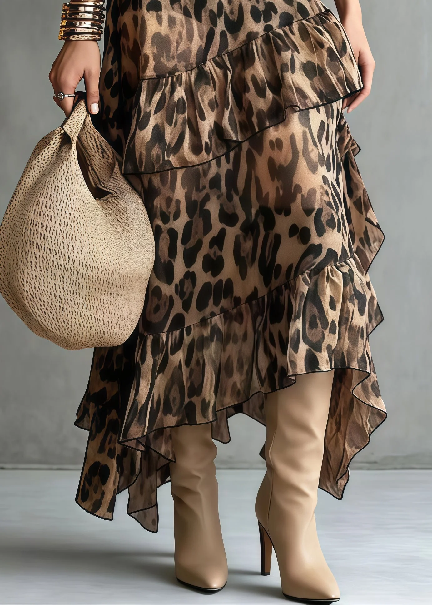 Brown Leopard Print Chiffon Holiday Skirt Ruffled Summer - Image 4
