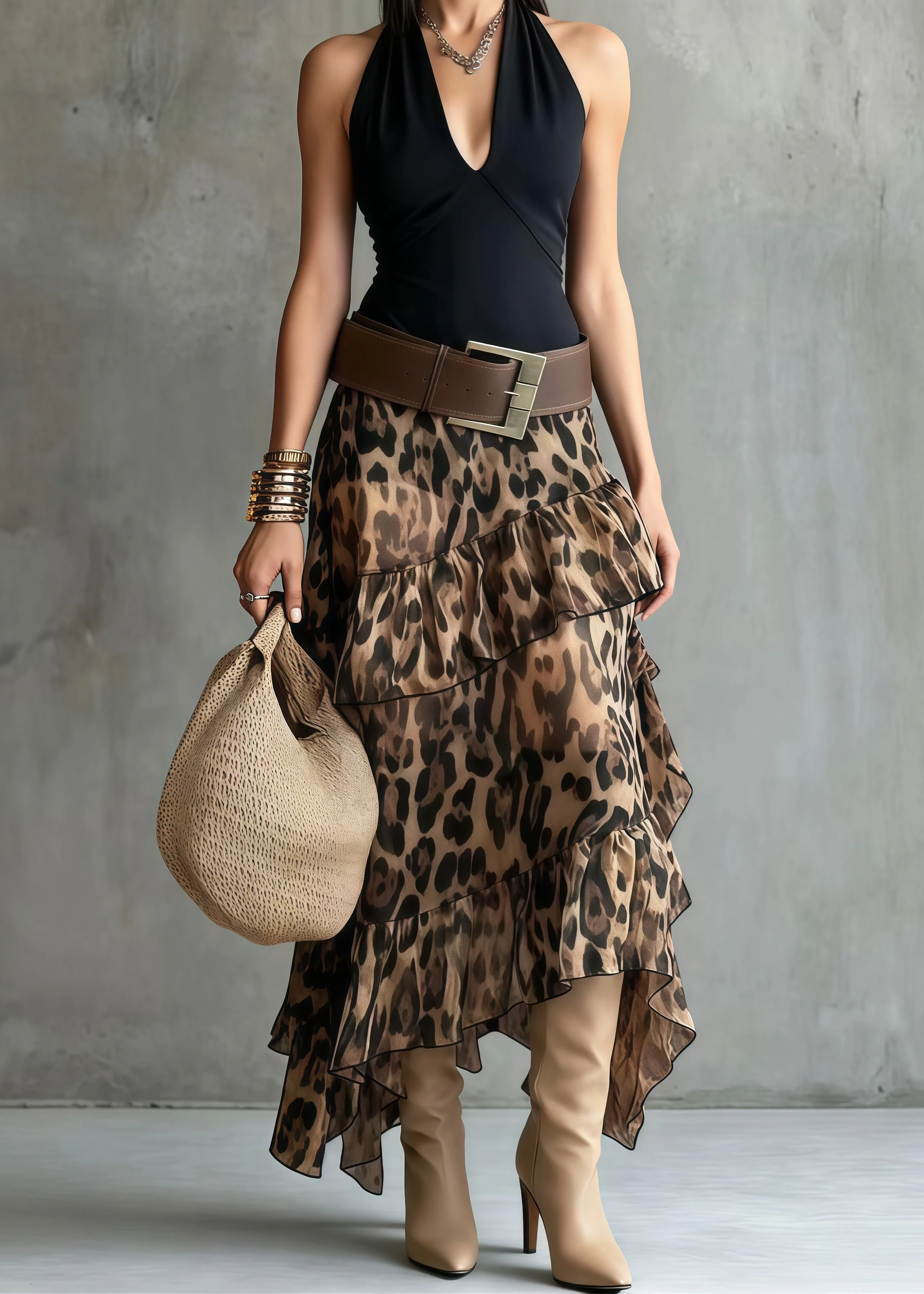 Brown Leopard Print Chiffon Holiday Skirt Ruffled Summer - Image 5
