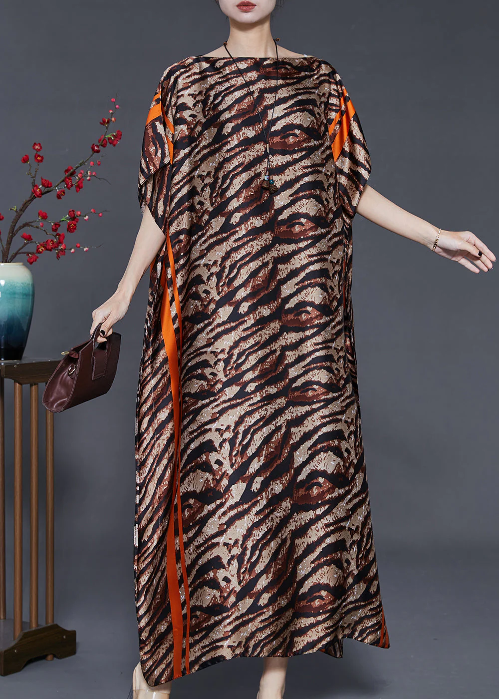Brown Leopard Print Silk Maxi Dresses Slash Neck Summer - Image 2