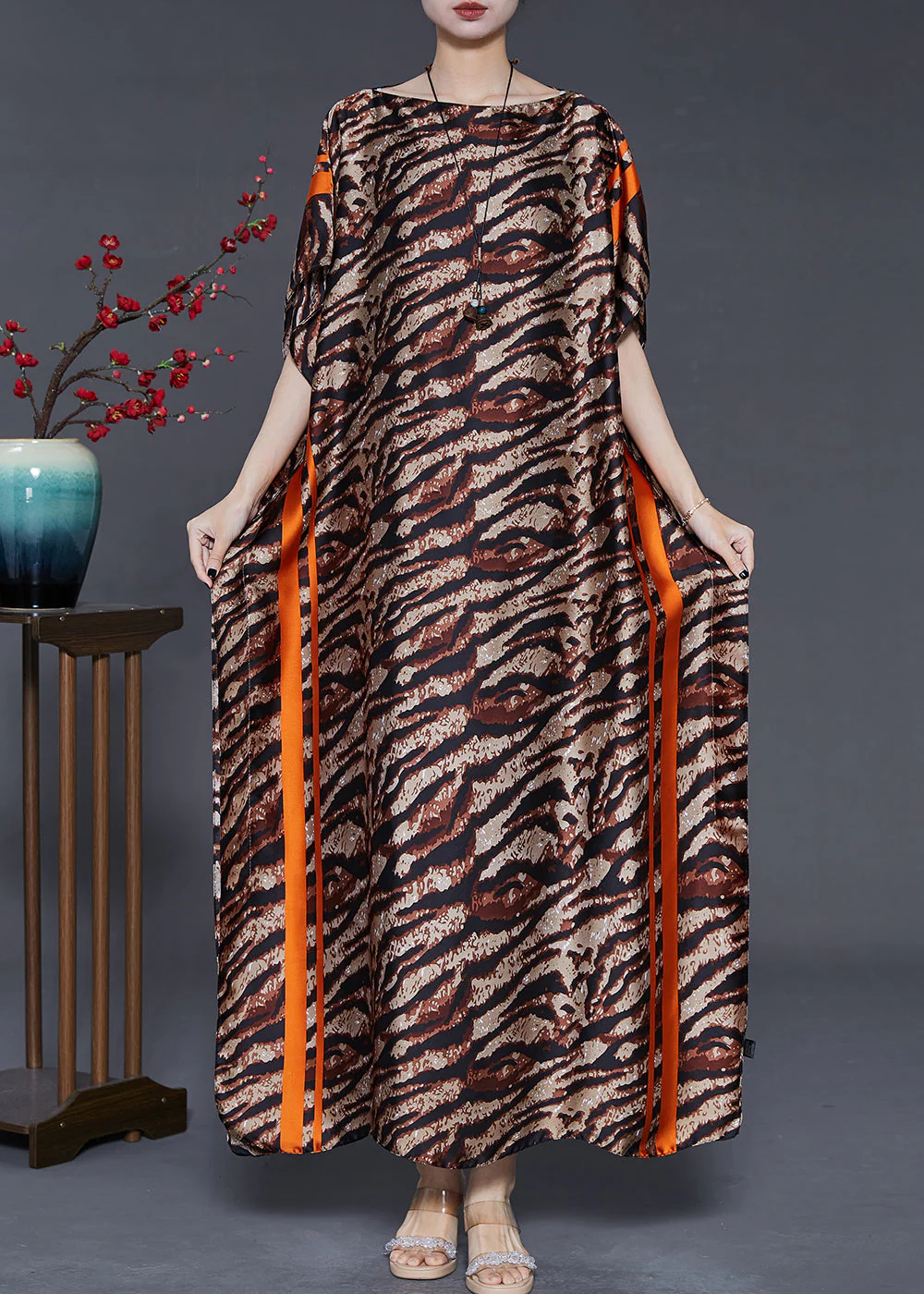 Brown Leopard Print Silk Maxi Dresses Slash Neck Summer - Image 3