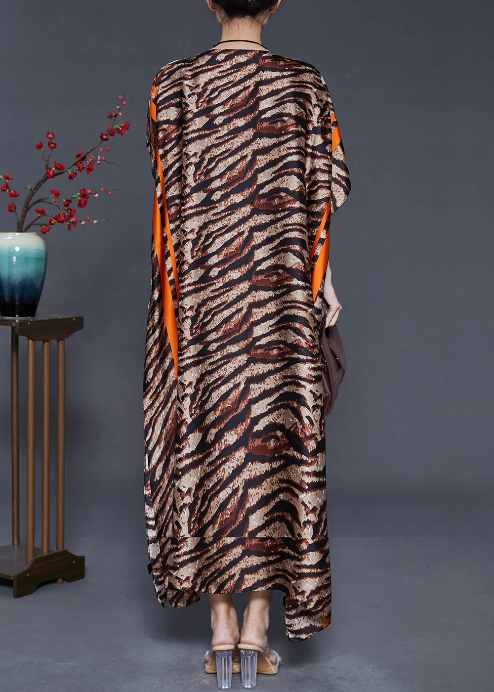 Brown Leopard Print Silk Maxi Dresses Slash Neck Summer - Image 4