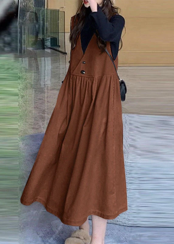 Brown Patchwork Corduroy Dresses V Neck Pockets Sleeveless - Image 3