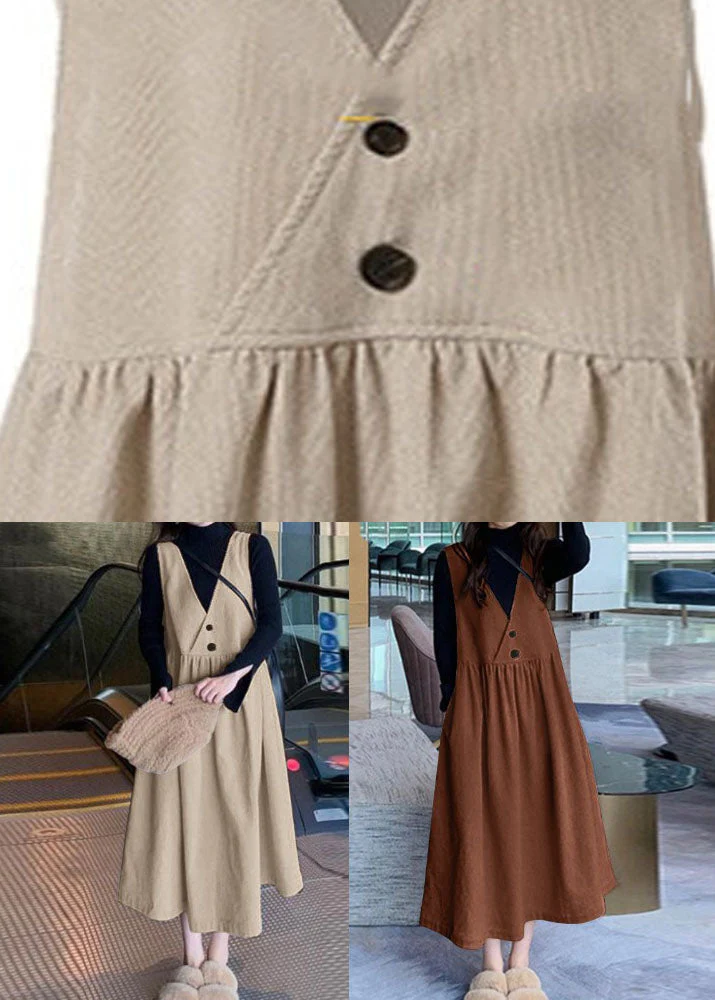 Brown Patchwork Corduroy Dresses V Neck Pockets Sleeveless - Image 4