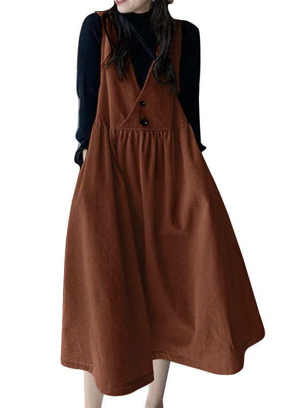 Brown Patchwork Corduroy Dresses V Neck Pockets Sleeveless - Image 5