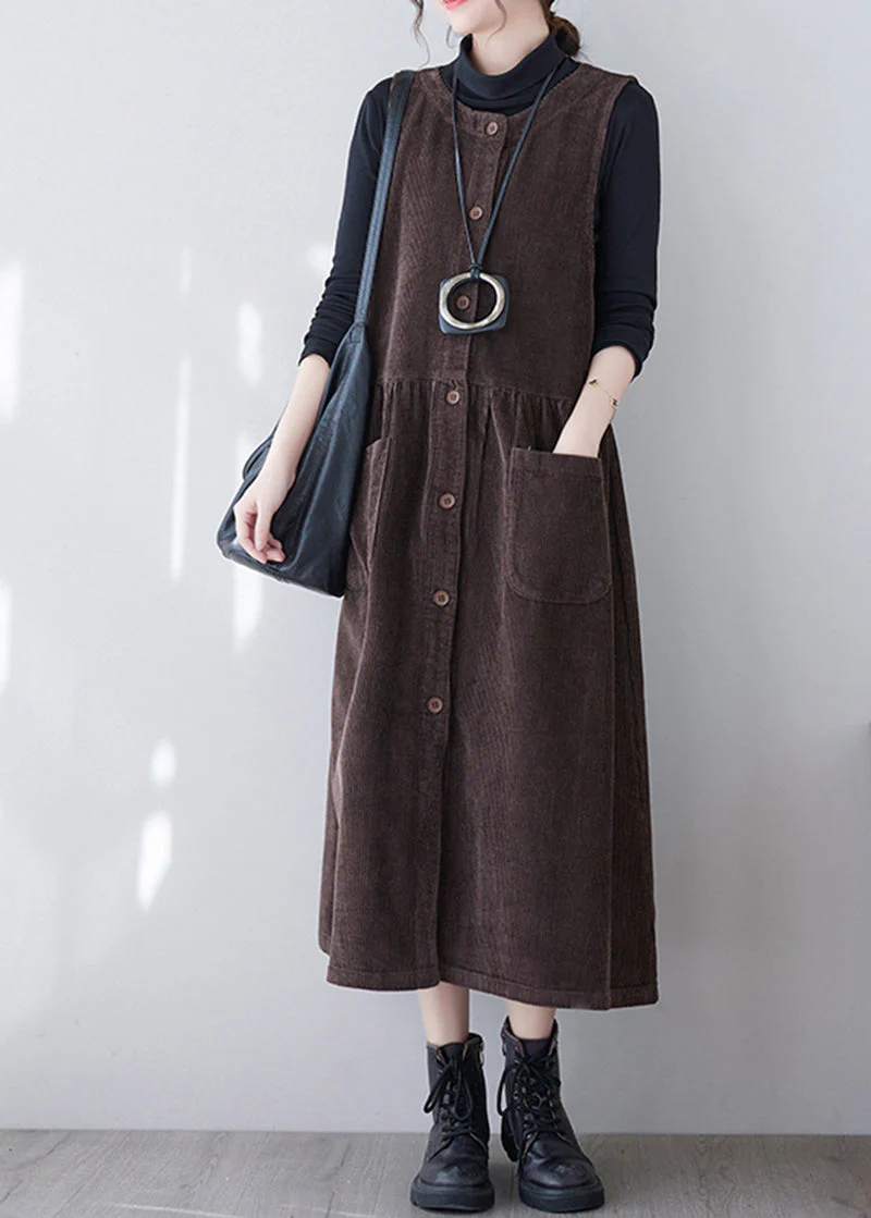 Brown Patchwork Corduroy Long Dress O-Neck Pockets Sleeveless - Image 2
