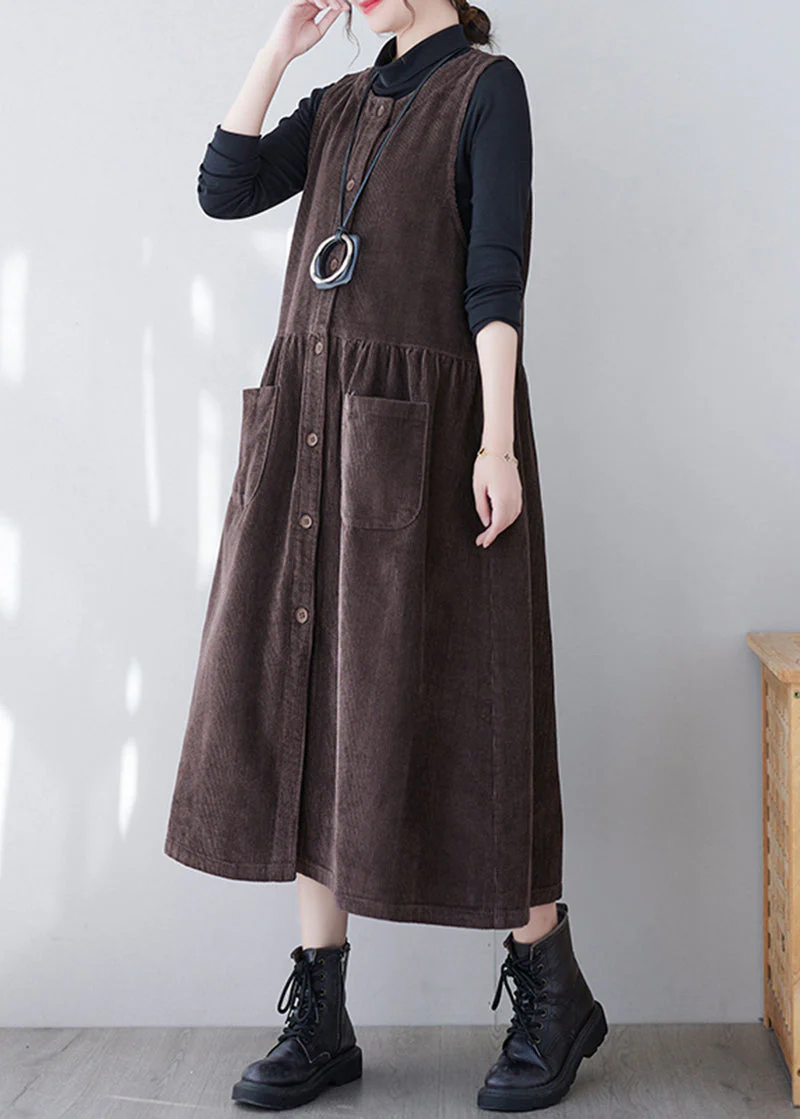 Brown Patchwork Corduroy Long Dress O-Neck Pockets Sleeveless - Image 3