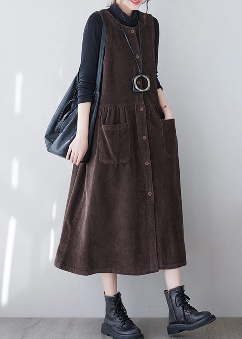 Brown Patchwork Corduroy Long Dress O-Neck Pockets Sleeveless - Image 4