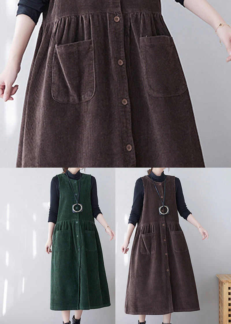 Brown Patchwork Corduroy Long Dress O-Neck Pockets Sleeveless - Image 5