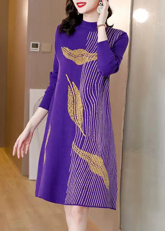 Brown Patchwork Cotton Knit Mid Dress Turtleneck Long Sleeve - Image 3