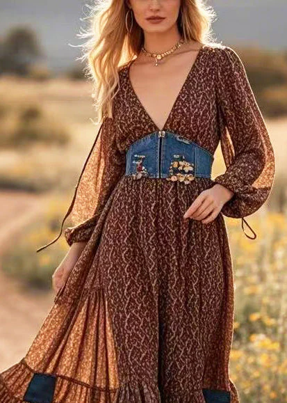 Brown Patchwork Cotton Maxi Dresses Cinched Exra Large Hem Spring - Image 2