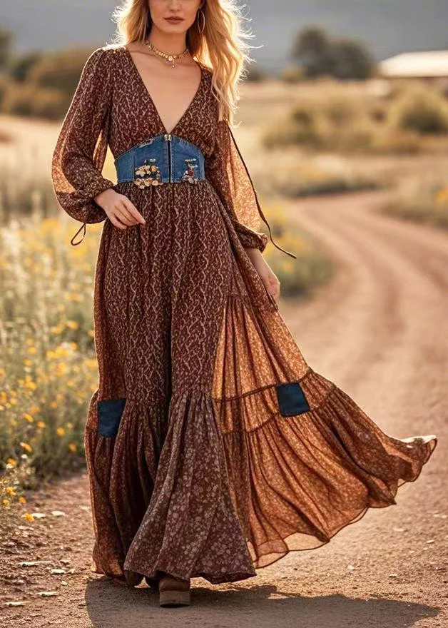 Brown Patchwork Cotton Maxi Dresses Cinched Exra Large Hem Spring - Image 3