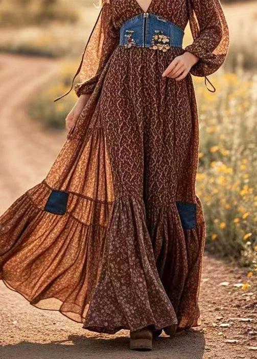 Brown Patchwork Cotton Maxi Dresses Cinched Exra Large Hem Spring - Image 4