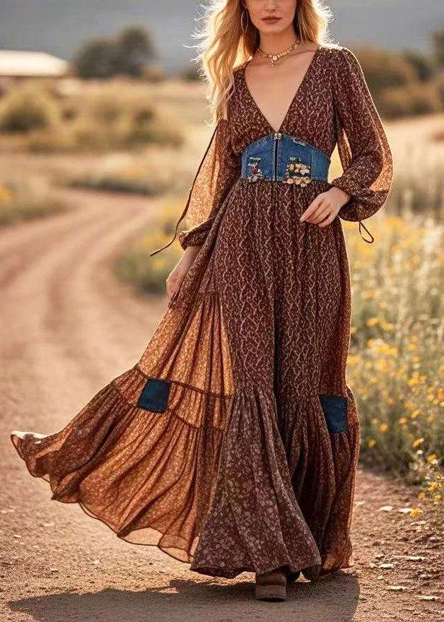 Brown Patchwork Cotton Maxi Dresses Cinched Exra Large Hem Spring - Image 5