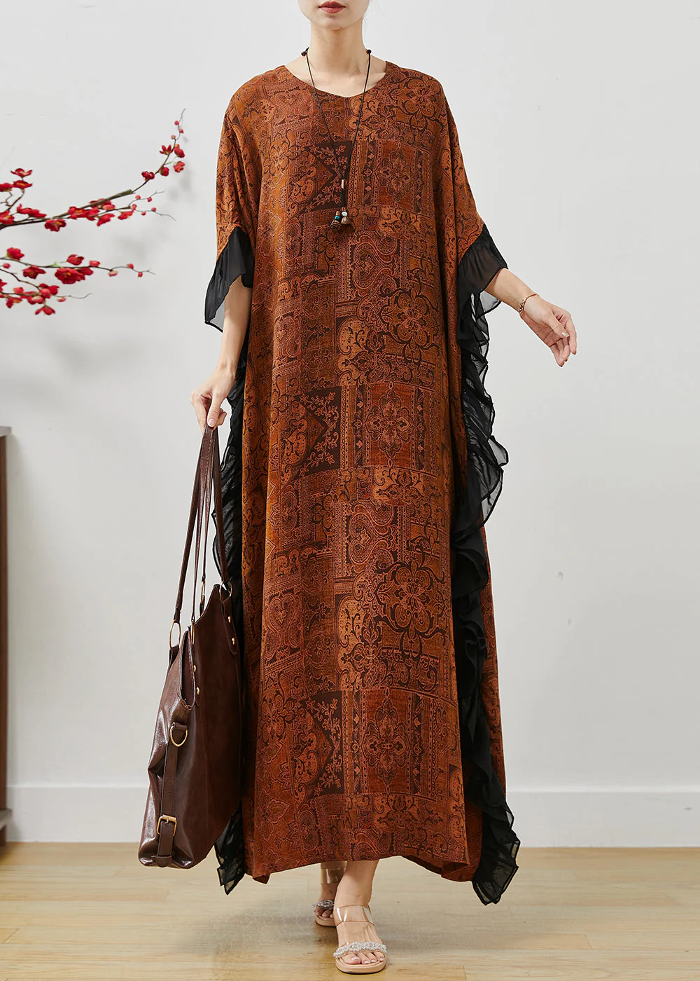Brown Patchwork Party Dress Oversized Print Summer - Image 3