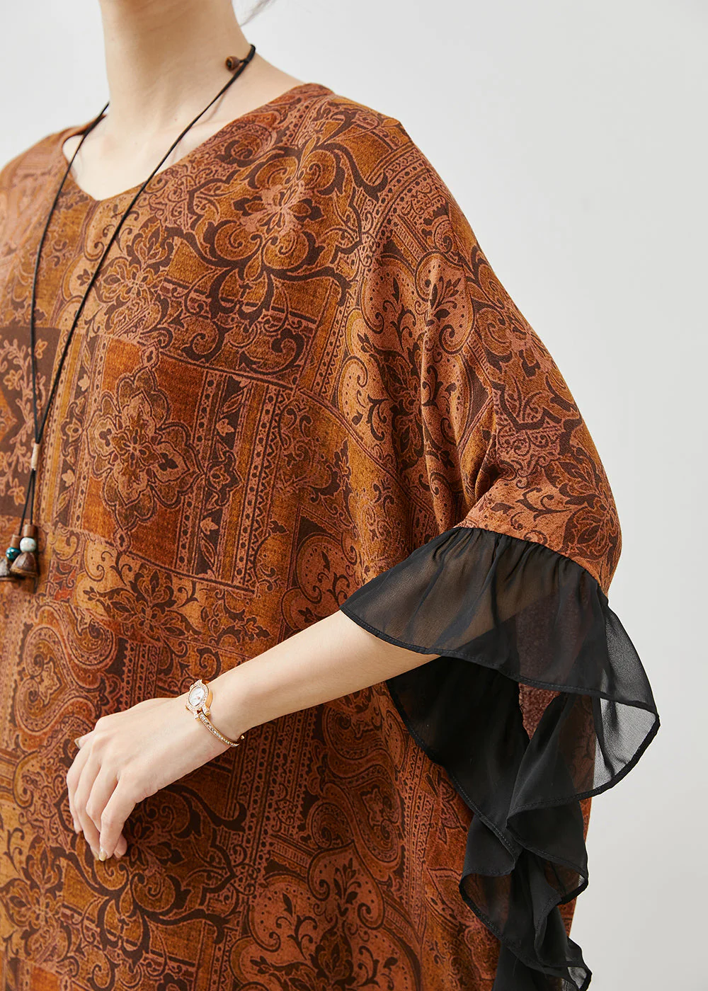 Brown Patchwork Party Dress Oversized Print Summer - Image 5