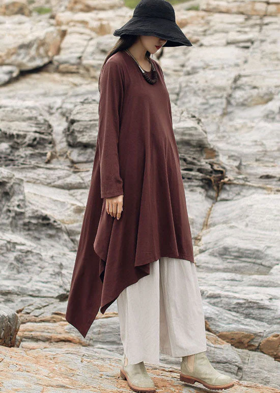 Brown Pockets Cotton Dress Asymmetrical Spring - Image 3