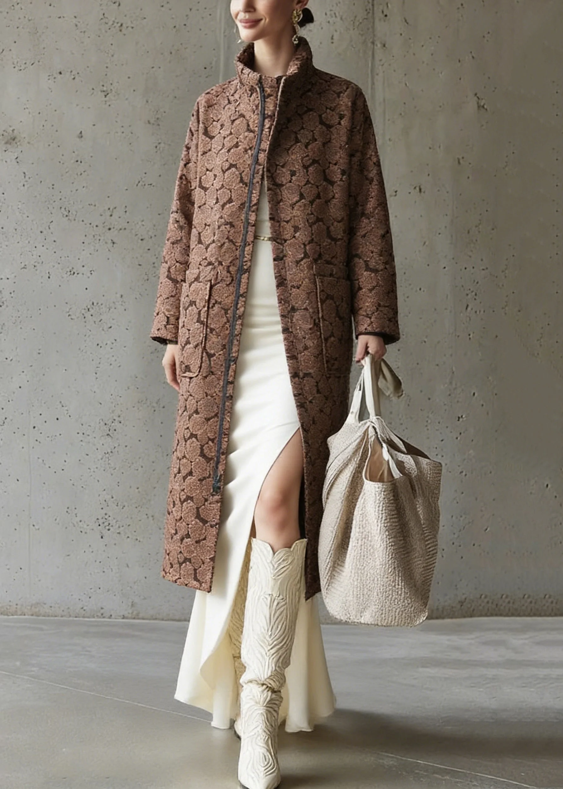 Brown Pockets Jacquard Cotton Filled Long Coats Zip Up - Image 3