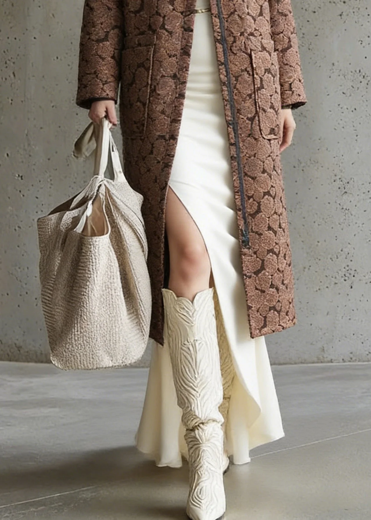 Brown Pockets Jacquard Cotton Filled Long Coats Zip Up - Image 4