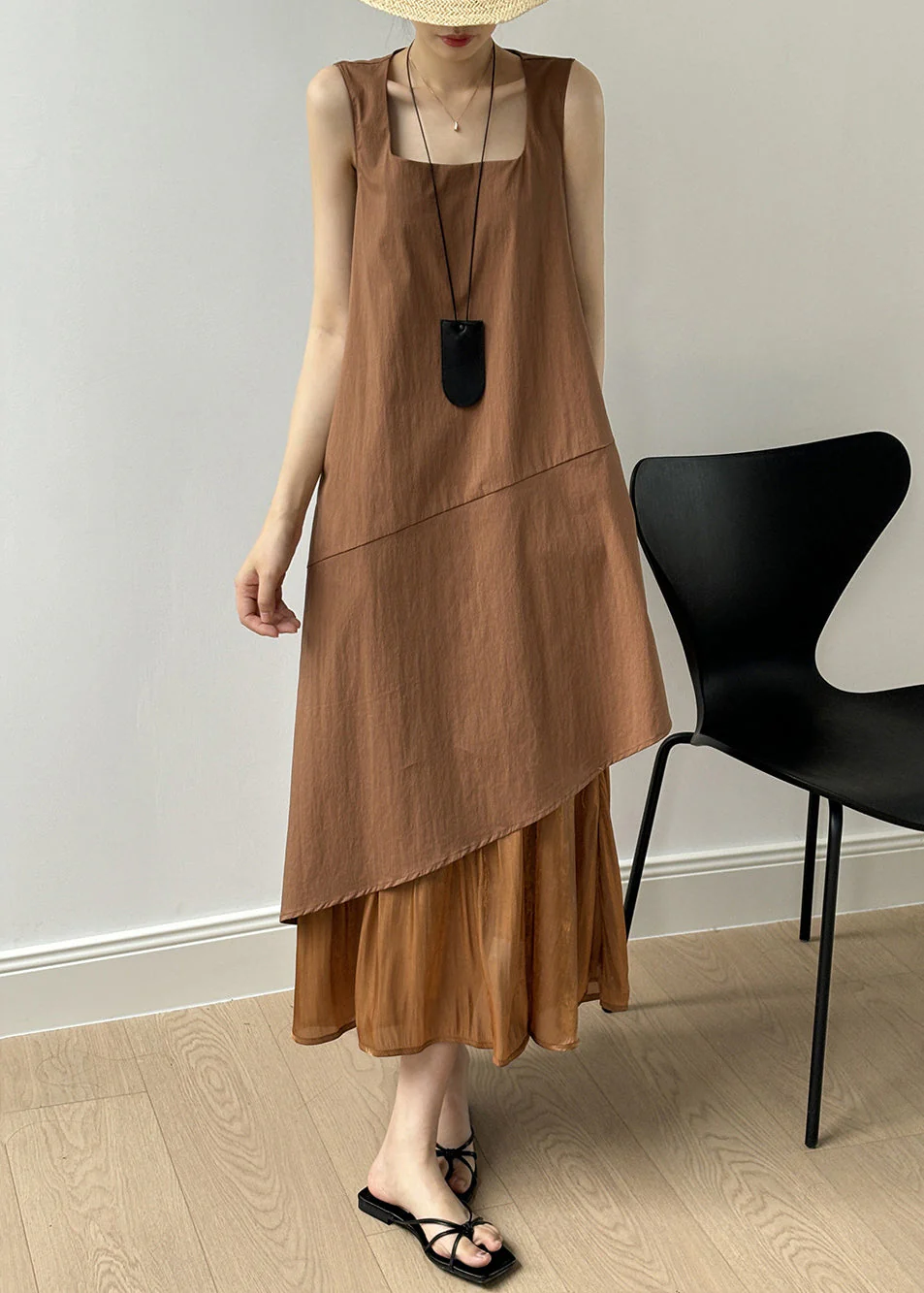 Brown Pockets Patchwork Cotton Long Dresses Square Collar Sleeveless - Image 2