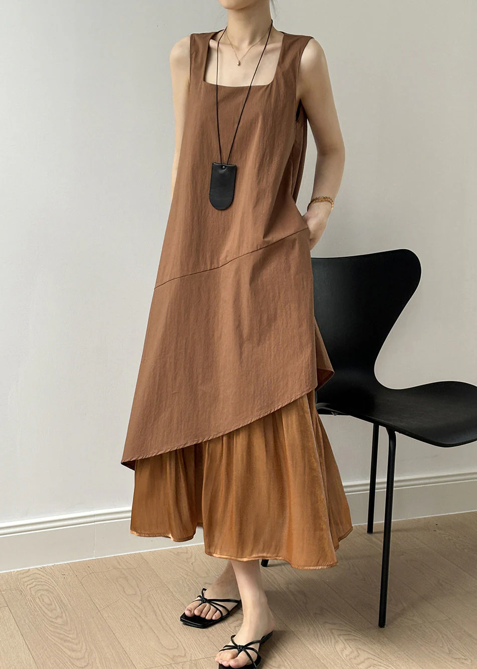 Brown Pockets Patchwork Cotton Long Dresses Square Collar Sleeveless - Image 3