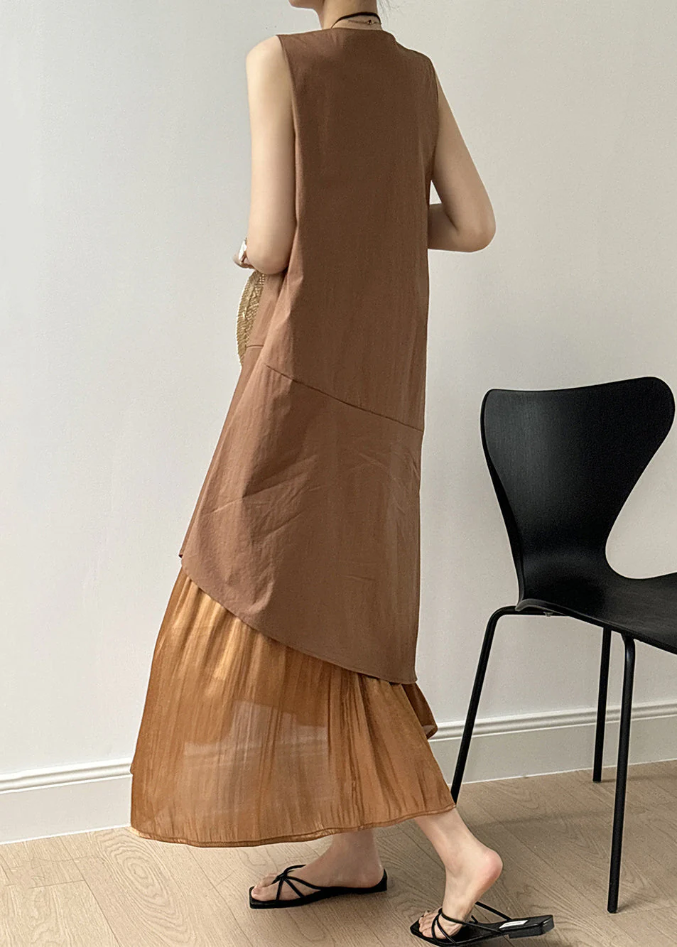 Brown Pockets Patchwork Cotton Long Dresses Square Collar Sleeveless - Image 4