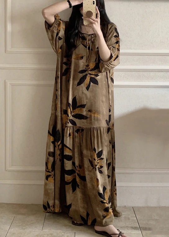 Brown Prin Lace Up Cotton Summer Pajamas Maxi Dress O Neck - Image 2