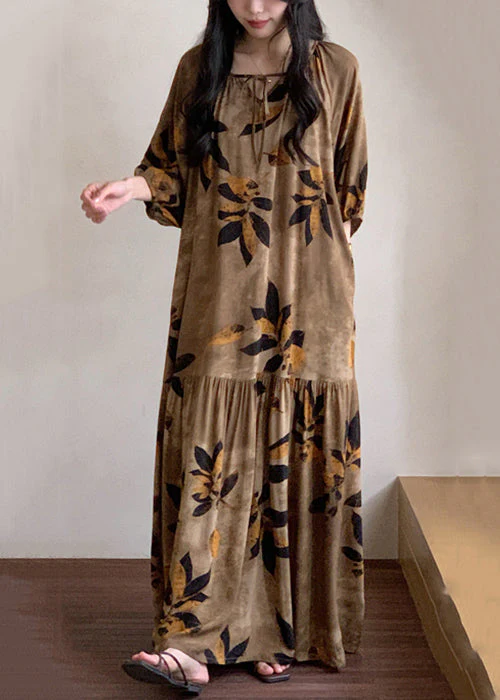 Brown Prin Lace Up Cotton Summer Pajamas Maxi Dress O Neck - Image 3