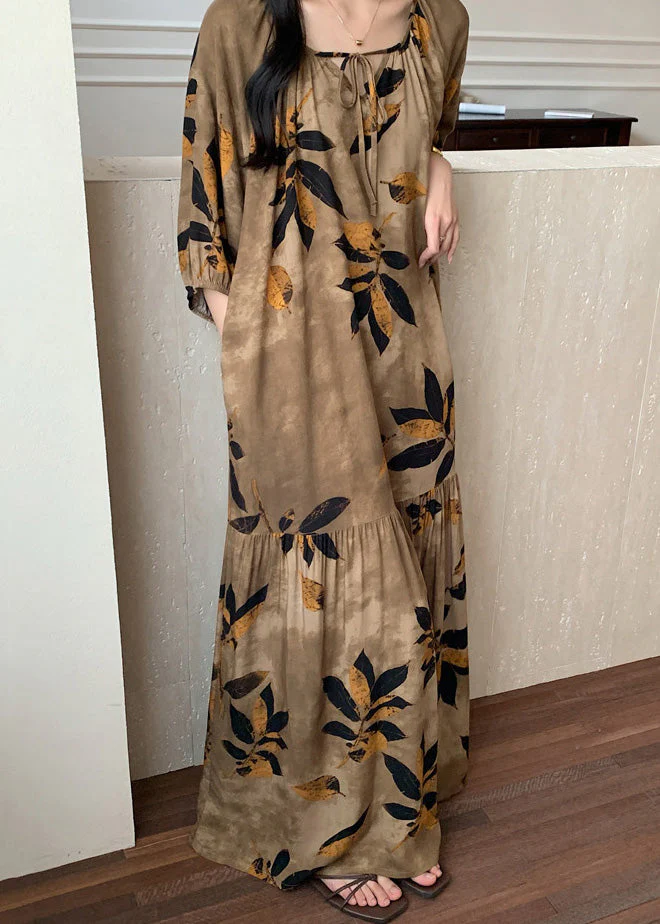 Brown Prin Lace Up Cotton Summer Pajamas Maxi Dress O Neck - Image 4