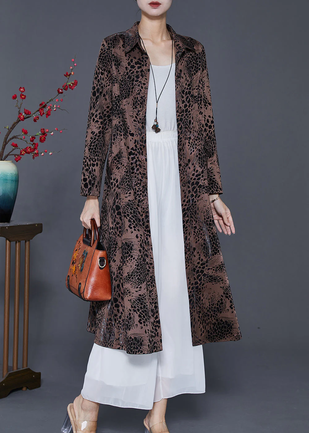 Brown Print Cotton A Line Dress Peter Pan Collar Spring - Image 2