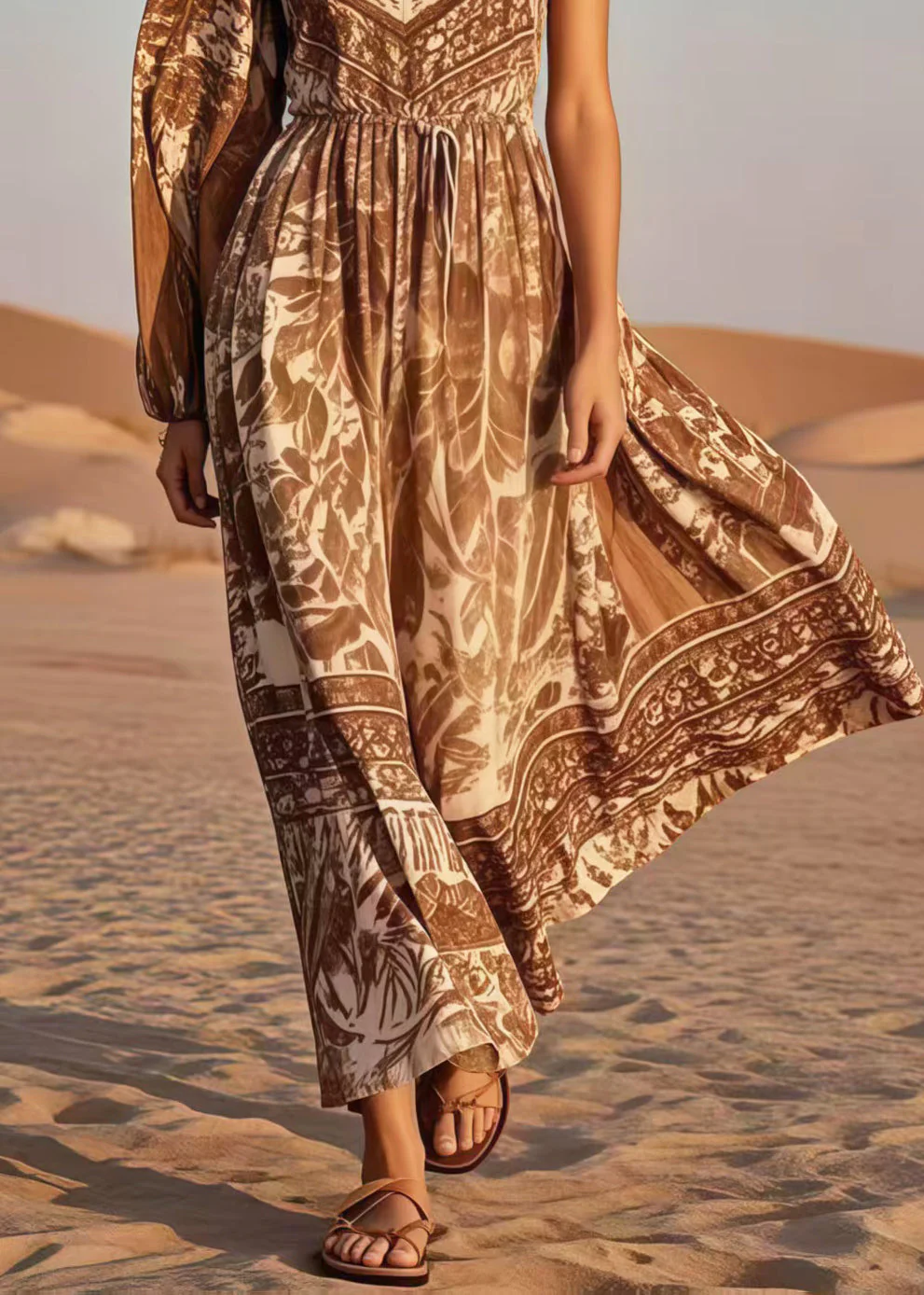 Brown Print Cotton Cinched Dress Asymmetrical Sleeveless - Image 4